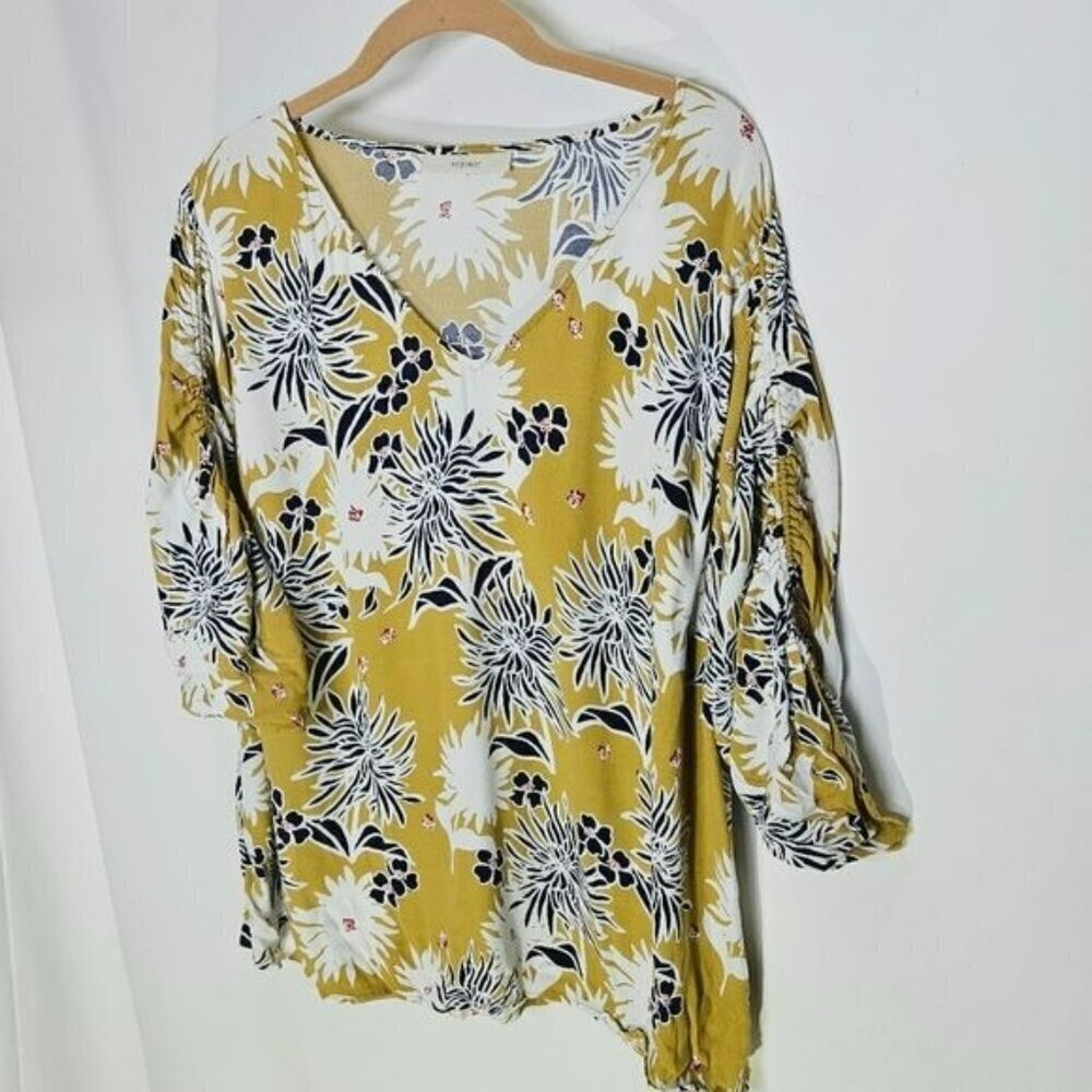 Sejour Yellow Blouse flowers half sleeve Drawstring v neck No‎ size Tag XL